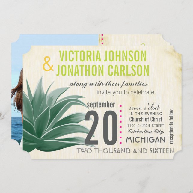 Invitación Sucultora foto Aloe Pink Lime Hydrangea Boda (Anverso / Reverso)