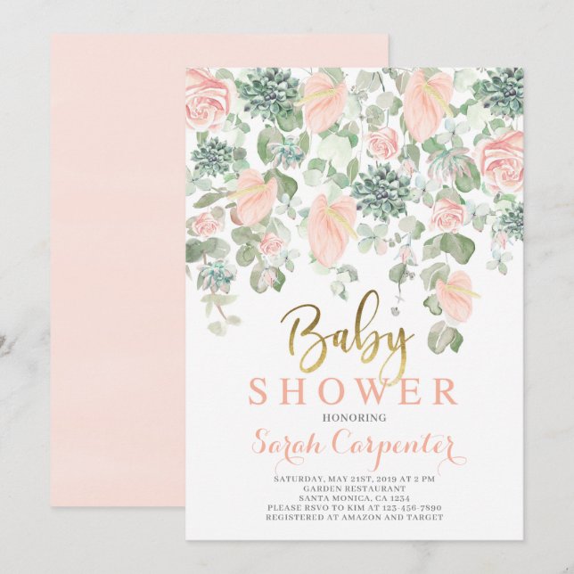 Invitación Sucultores, chica de ducha con flores de ántico (Anverso / Reverso)