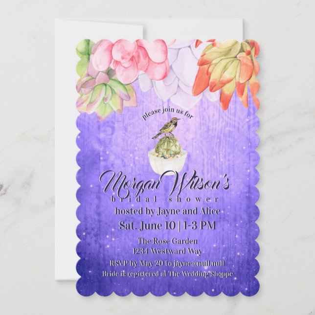 Invitación Sucultores de acuarela Bird Morple Bridal Shower (Anverso)