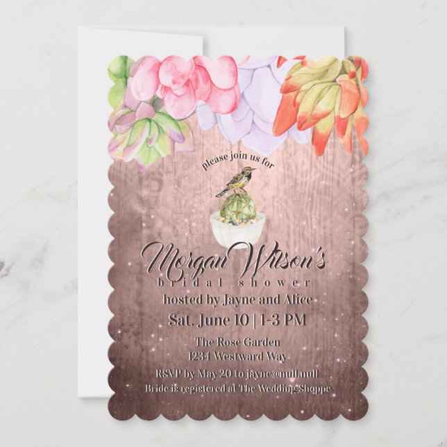 Invitación Sucultores de acuarela Bird Peach Bridal Shower (Anverso)