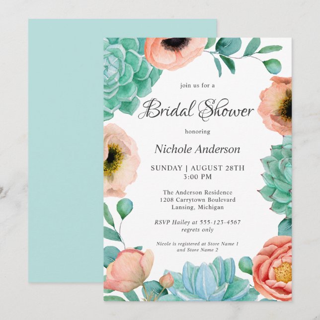 Invitación Sucultores de acuarela Floral Bridal Shower (Anverso / Reverso)