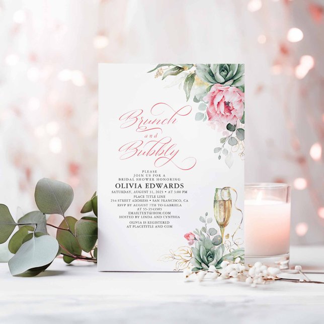 Invitación Sucultores de brunch y bubbly ducha de novia rosa (Brunch and Bubbly Succulents and Pink Flowers Bridal Shower Invitations)