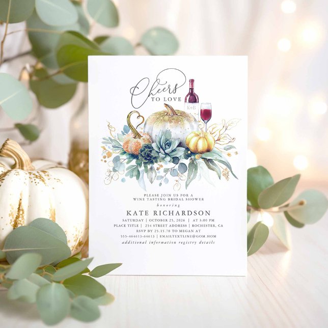Invitación Sucultores de calabaza Caen Degustación de Vino De (Cheers to Love - Bridal Shower Invitations with Pumpkins and Succulents Greenery)