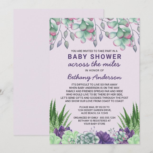 Invitación Sucultores de la acuarela de Baby Shower a través  (Anverso / Reverso)