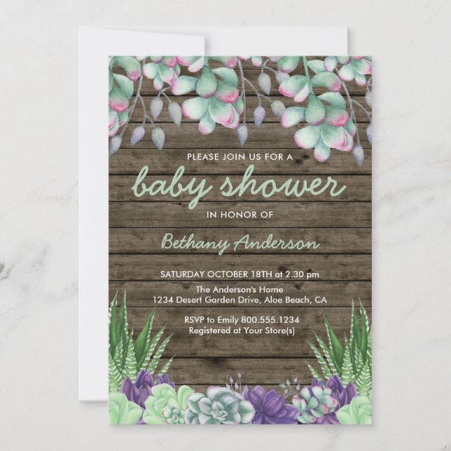 Invitación Sucultores de madera y acuarela rústicas de Baby S (Anverso)