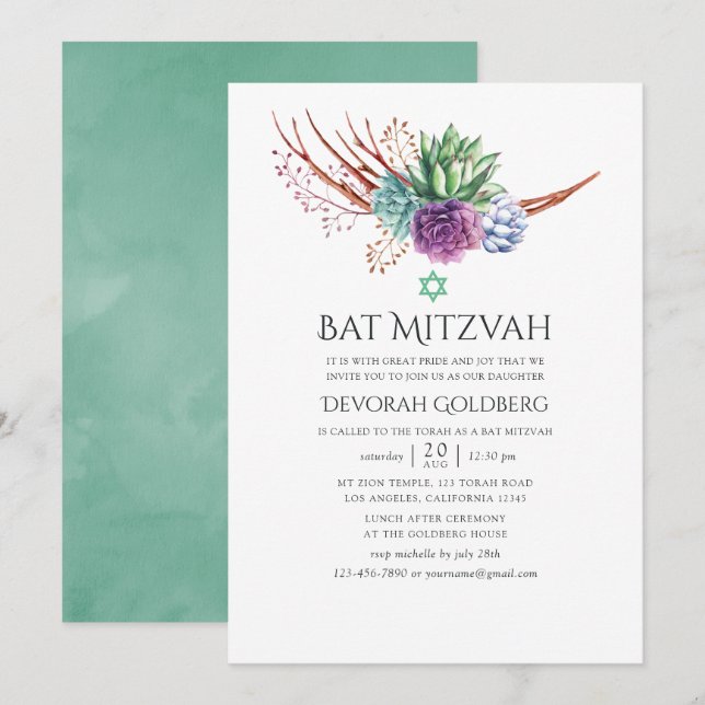 Invitación Sucultores del desierto acuático Bat Mitzvah (Anverso / Reverso)