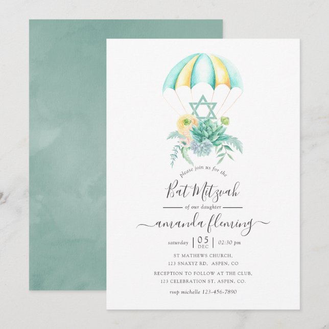 Invitación Sucultores Florales Bouquet Parachute Bat Mitzvah (Anverso / Reverso)
