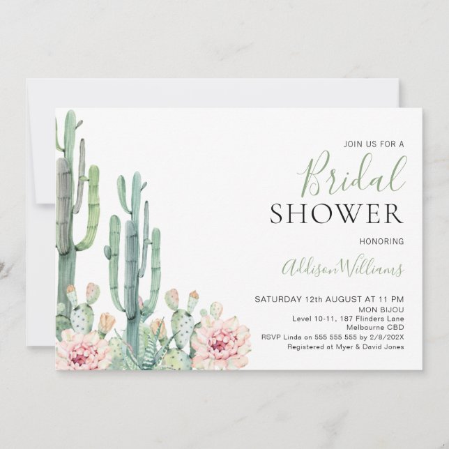 Invitación Sucultores Florales de Rubor Ducha Bridal Cactus (Anverso)