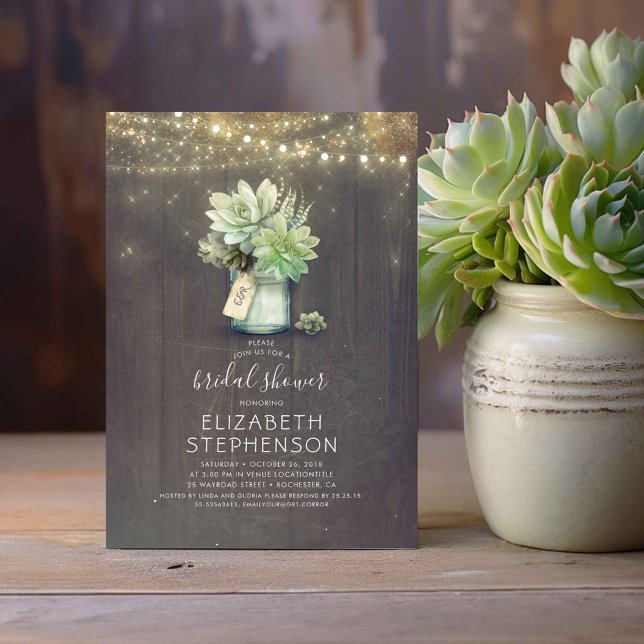 Invitación Sucultores Mason Jar Rustic Country Shower (Rustic Mason Jar and Succulents Bridal Shower Invitations)