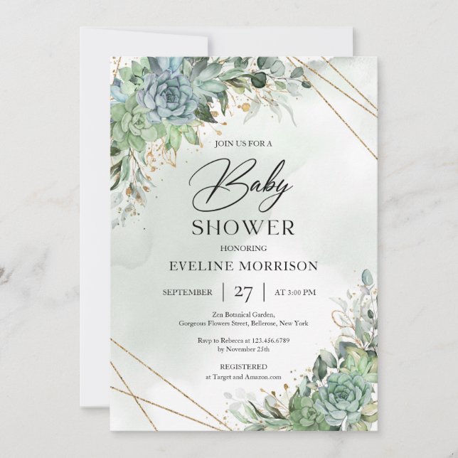 Invitación Sucultores verdes y blancos eucalipto bebé de oro  (Anverso)