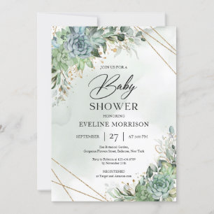 Invitación Sucultores verdes y blancos eucalipto bebé de oro 