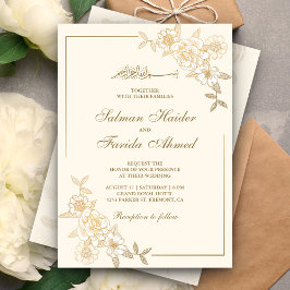 Invitación Sucursal de flores de crema y oro Boda musulmán
