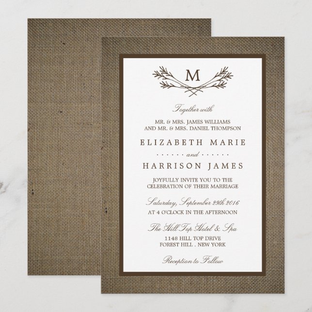 Invitación Sucursal de Monograma Rústico del País y Boda de B (Anverso / Reverso)