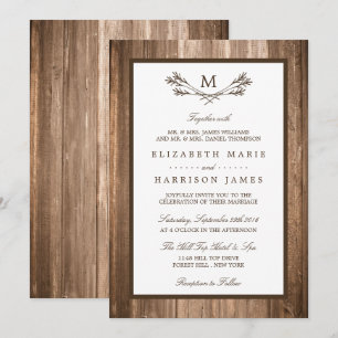 Invitación Sucursal de Monograma Rústico del País y Boda de M