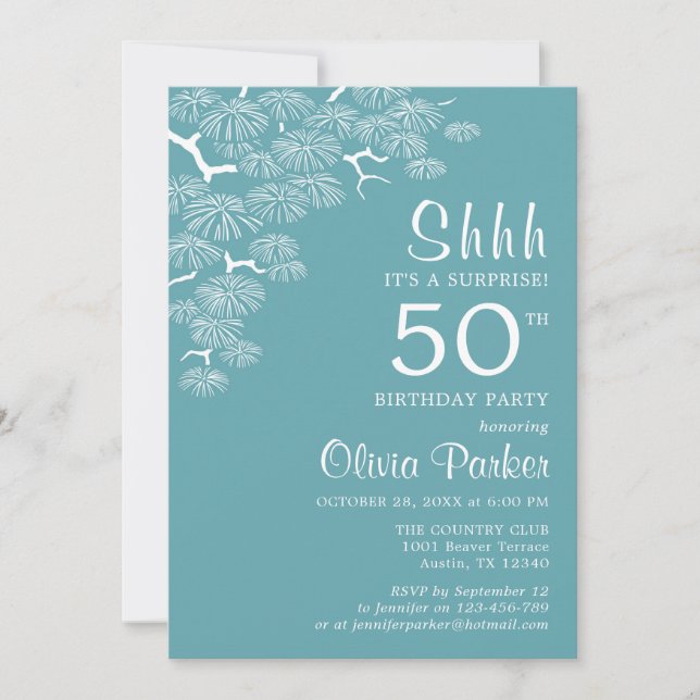 Invitación Sucursal de pino de Aqua Verde Azul Sorpresa 50 cu (Anverso)