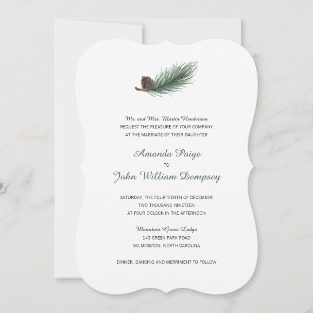 Invitación Sucursal de pino y pinecona de invierno| Boda (Anverso)