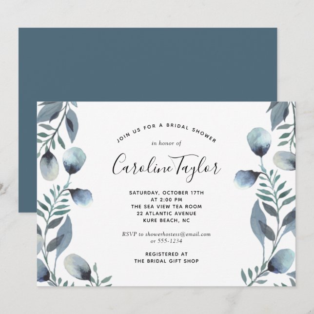 Invitación Sucursal Eucalyptus Sencilla Floral Bridal Shower (Anverso / Reverso)