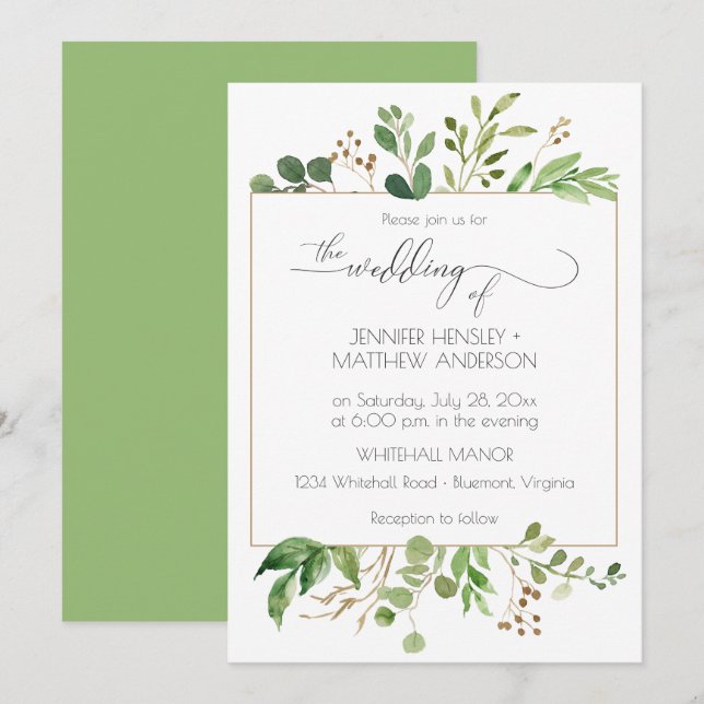 Invitación Sueño Botánico Hojas Verdes y Marrones Doradas | (Anverso / Reverso)