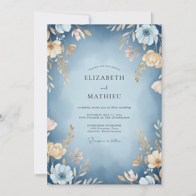 Invitación Sueño Botánico Nupcial Azul Pizarra (Anverso)