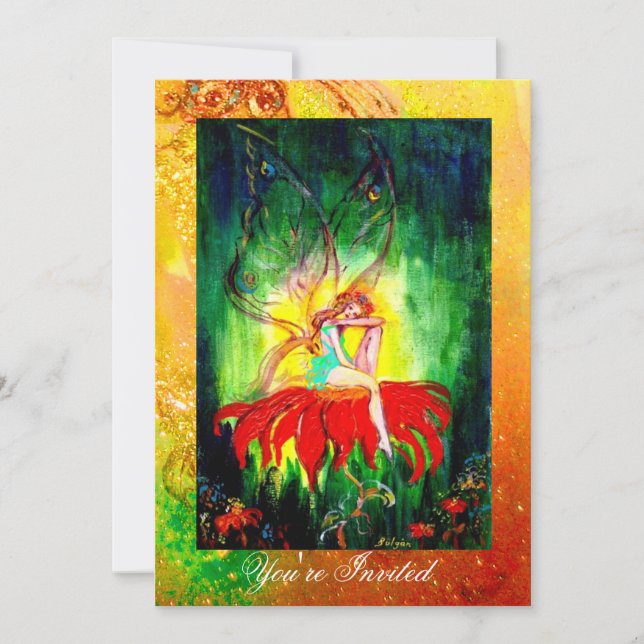 Invitación SUEÑO DE CARNE EN UNA FLOR ROJA amarillo verde (Anverso)