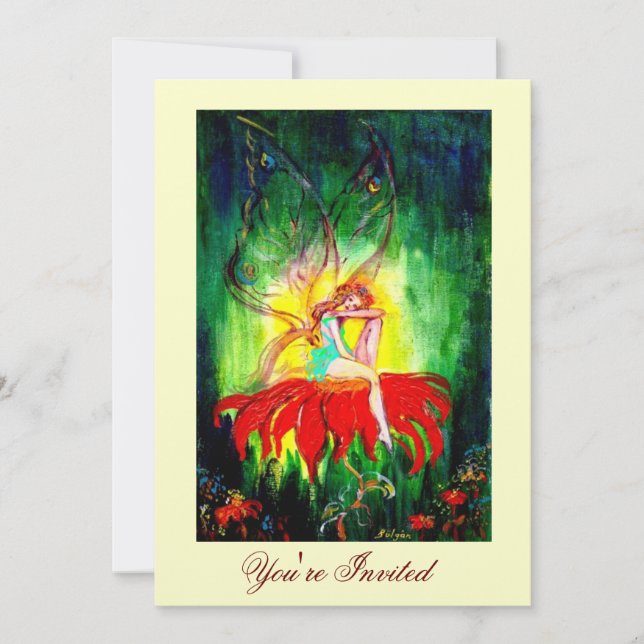 Invitación SUEÑO DE HADA SOBRE UNA FLOR ROJA amarillo verde d (Anverso)