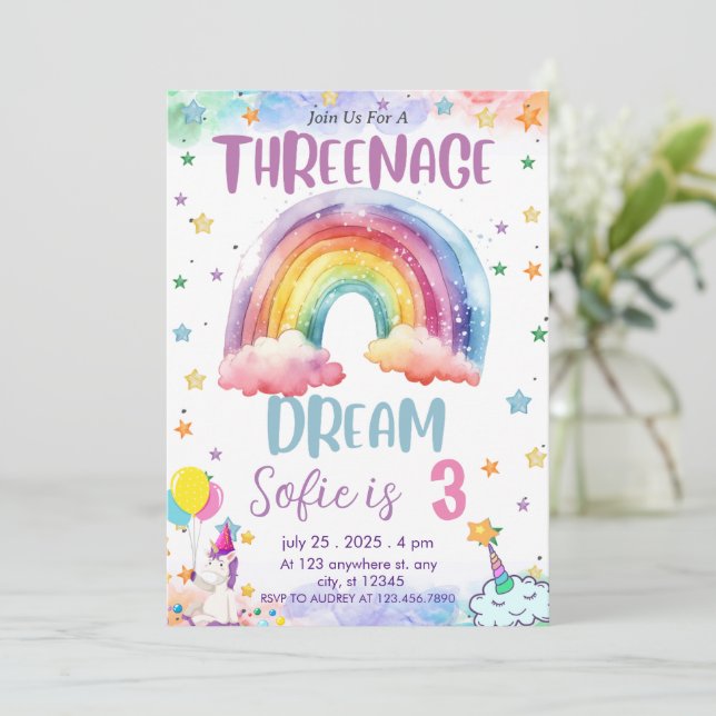 Invitación Sueño de la amenaza unicornio chica, tercer cumple (Anverso de pie)