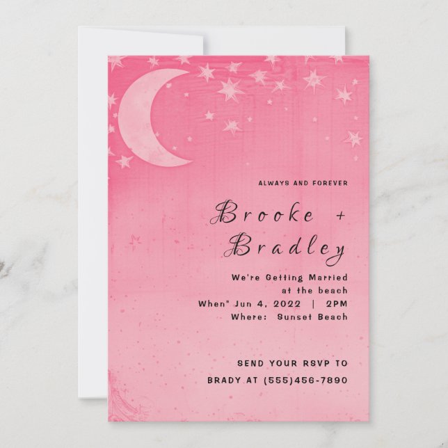 Invitación Sueño de Luna Creciente Rosa Boda Celestial (Anverso)