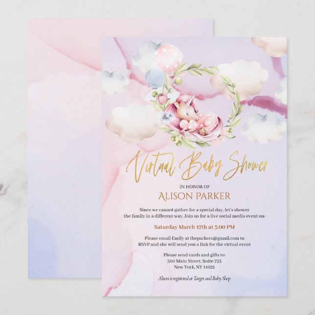 Invitación Sueño de unicornio rosa de cuento de hadas | Baby  (Anverso / Reverso)