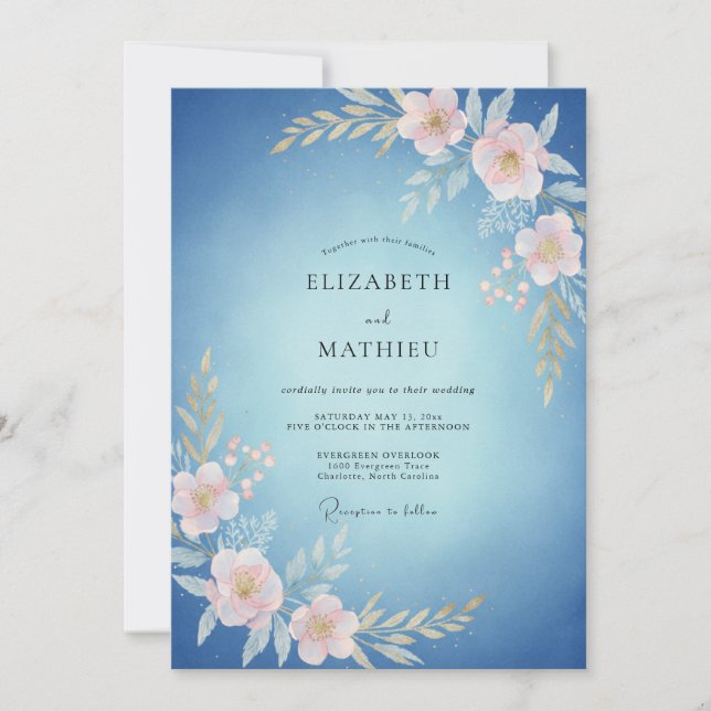 Invitación Sueño Floral Azul Celeste para Bodas (Anverso)