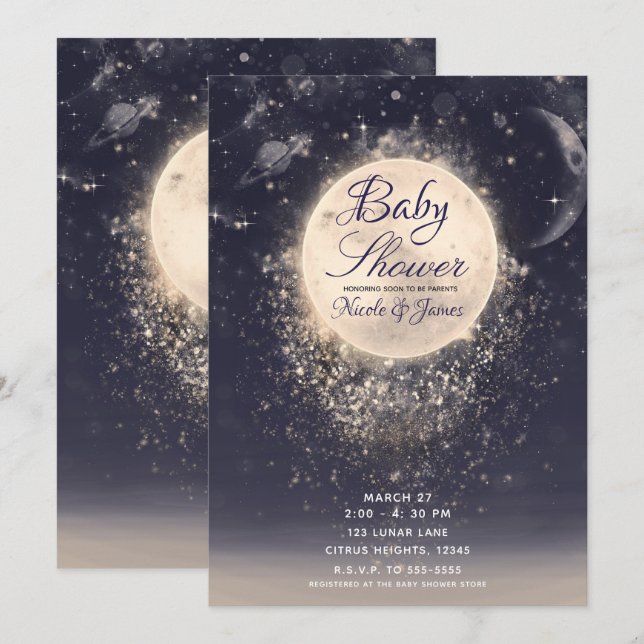 Invitación Sueño Luna Magia Chispas Cósmicas Baby Shower (Anverso / Reverso)