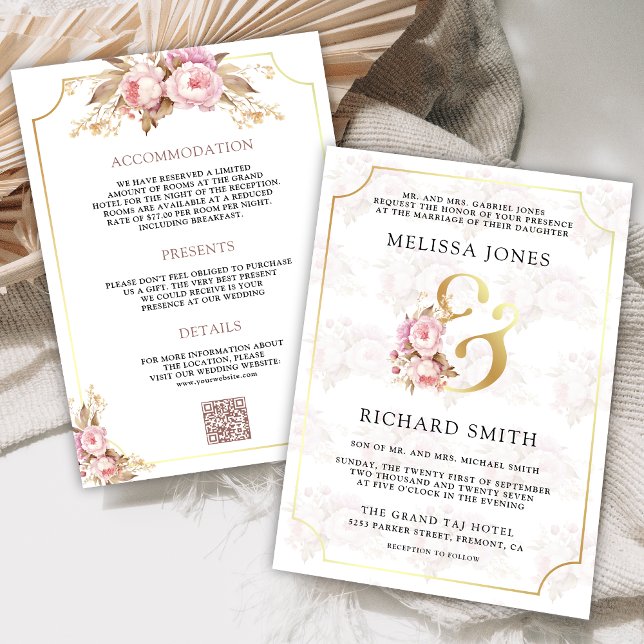 Invitación Sueño oro floral rosa suave en un solo Boda (Subido por el creador)