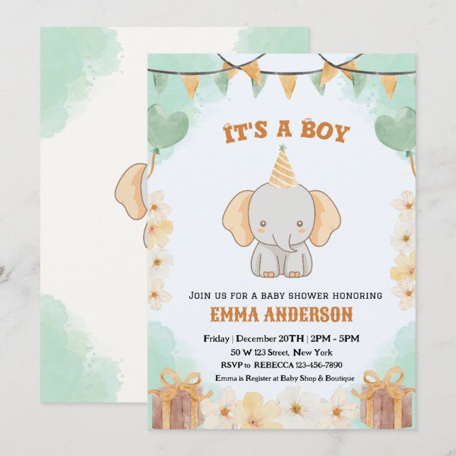Invitación Sueños de cacahuete pequeño - Ducha de niño elefan (Anverso / Reverso)
