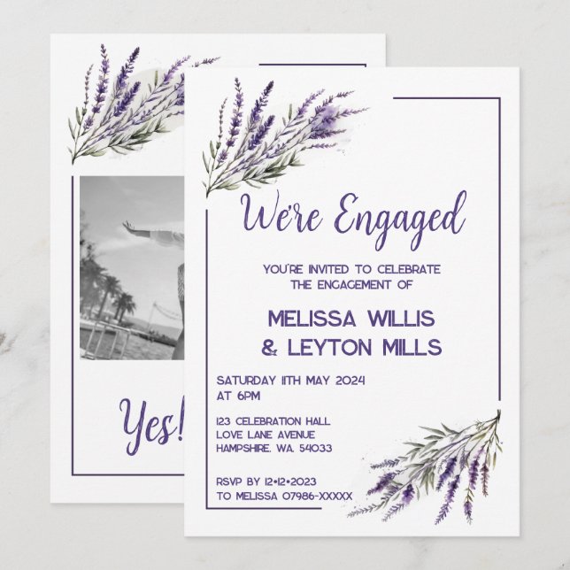 Invitación Sueños de Lavender: fiesta de compromiso de acuare (Anverso / Reverso)