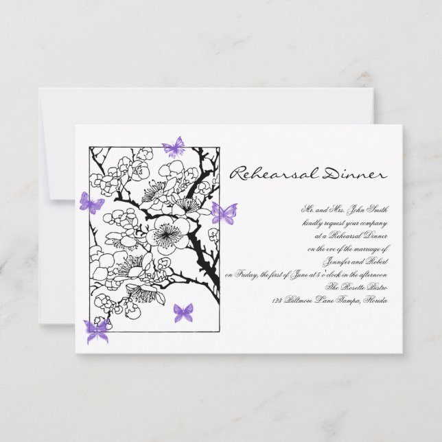 Invitación Sueños de mariposa: Ensayo de Boda violeta (Anverso)