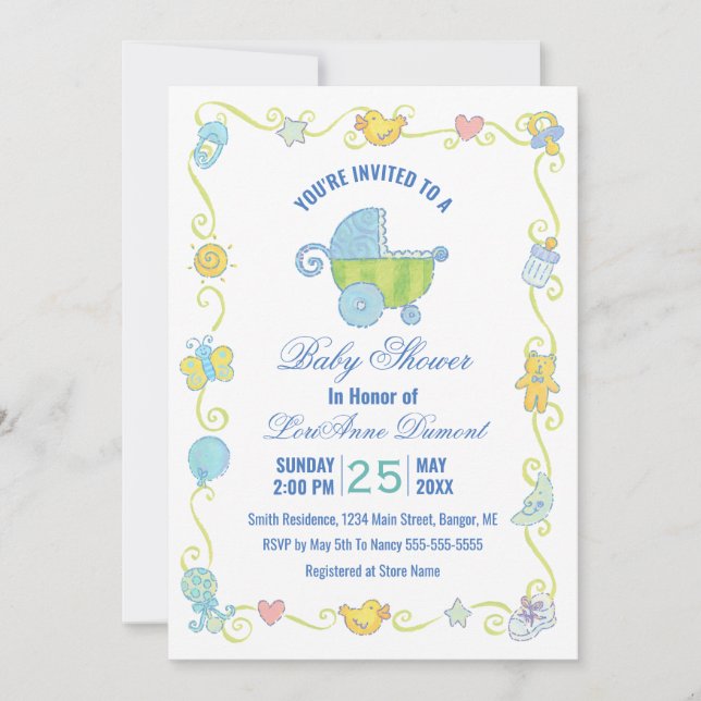 Invitación Sueños dulces Porte Baby Shower Azul y Blanco (Anverso)