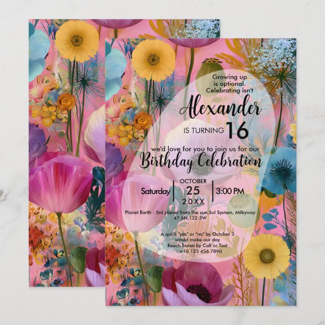 Invitación Sueños Floridos | Diseño de Flores Coloridas (Anverso / Reverso)
