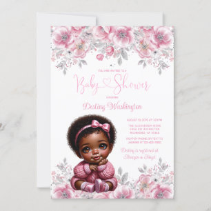 Invitación Suéter Afro Niña Plateado Rosa Baby Shower 