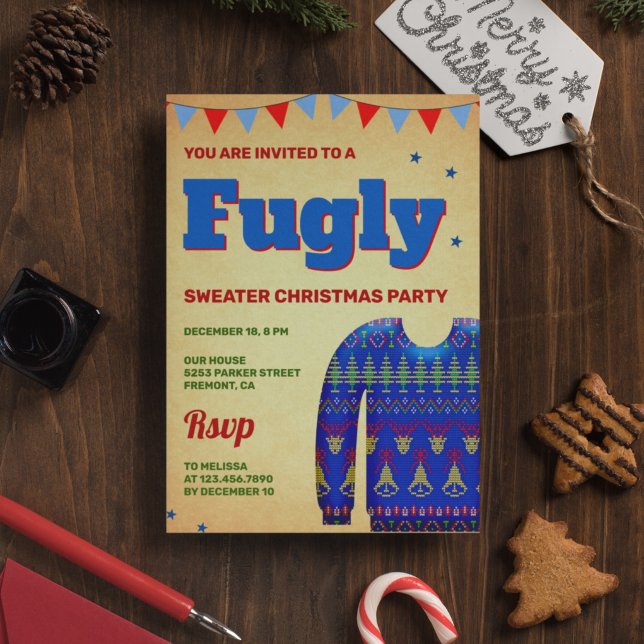 Invitación Suéter divertido feo azul para fiesta de Navidad (Subido por el creador)