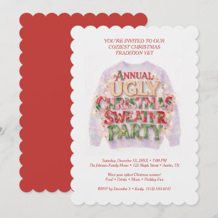 Invitación Suéter feo de Navidad rojo acogedor y retro TMF26