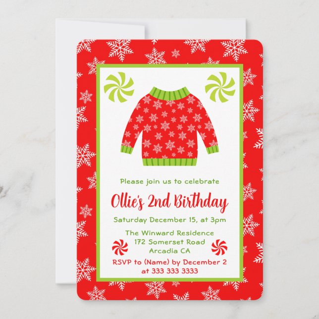 Invitación Suéter Navideño Rojo y Verde Mono Cumpleaños (Anverso)