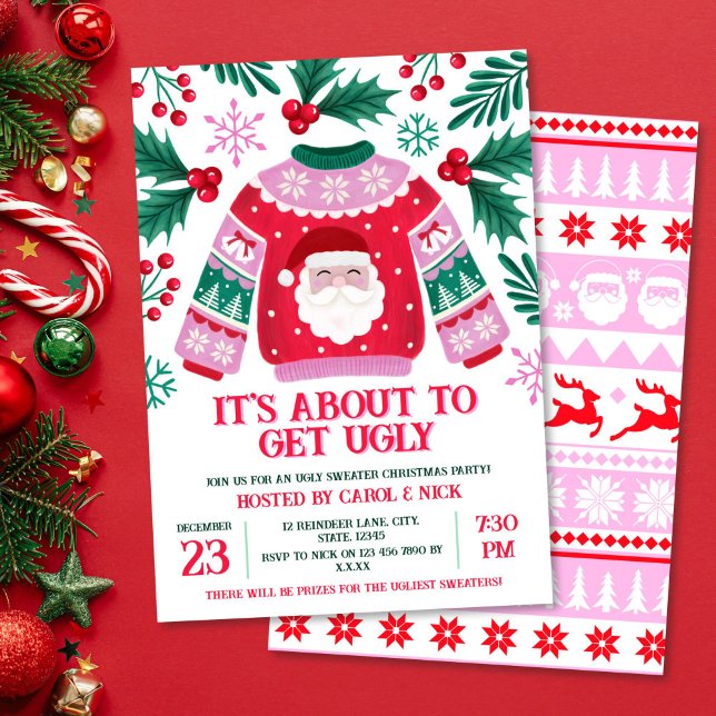 Invitación Suéter Santa Costuma fea Fiesta Verde y Rojo (Ugly Sweater Santa Costume Party Green and Red Invitation)