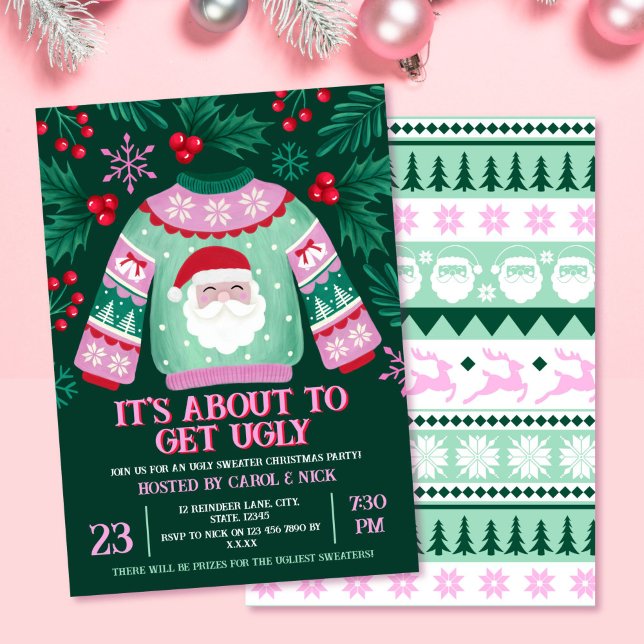 Invitación Suéter Santa Costuma fea Fiesta Verde y Rojo (Ugly Sweater Santa Costume Party Green and Red Invitation)