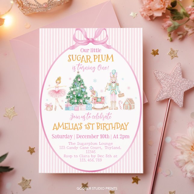 Invitación Sugar Plum Christmas Nutcracker Pink Bow Birthday (Subido por el creador)