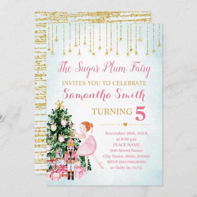 Invitación Sugar Plum Fairy Nutcracker purpurina (Anverso / Reverso)