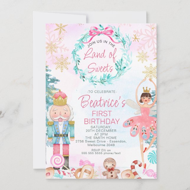 Invitación Sugar Pluma Leche Tierra De Dulces Cumpleaños (Anverso)