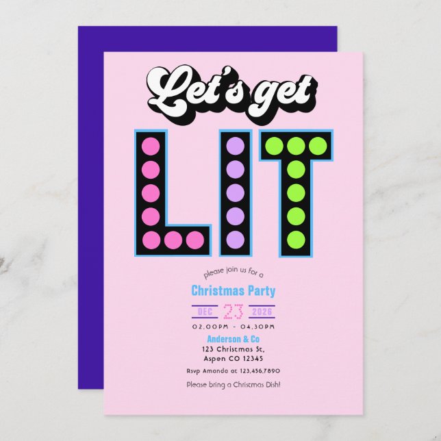 Invitación Sugar Rush Let's Get Lit Retro Christmas Party (Anverso / Reverso)