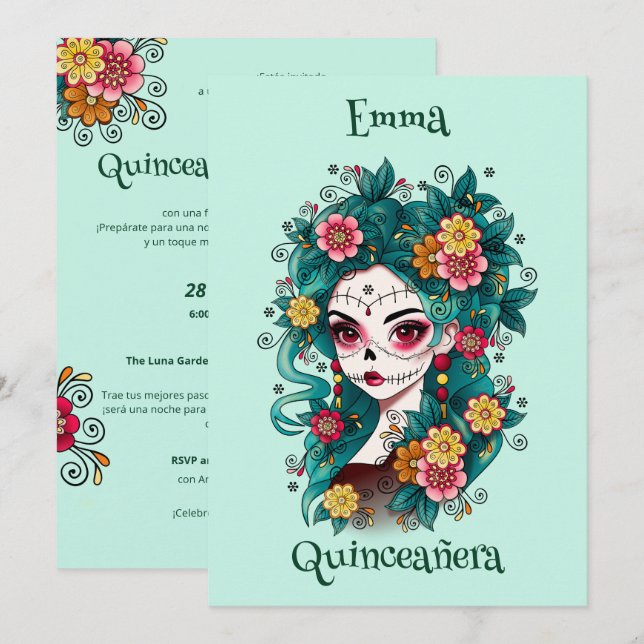Invitación Sugar Skull Dia de Muertos Quinceañera España (Anverso / Reverso)