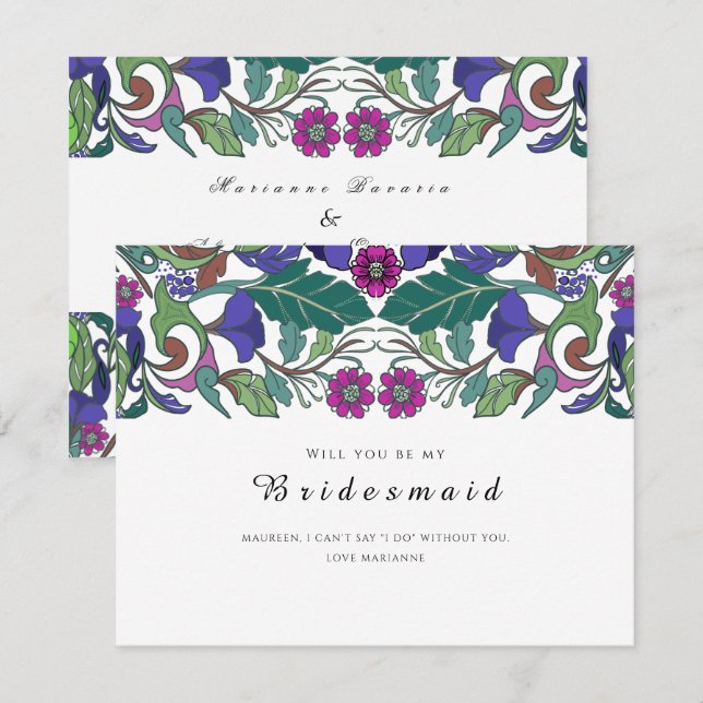 Invitación Sugerencias florales rosas y azules de estilo barr (Anverso / Reverso)