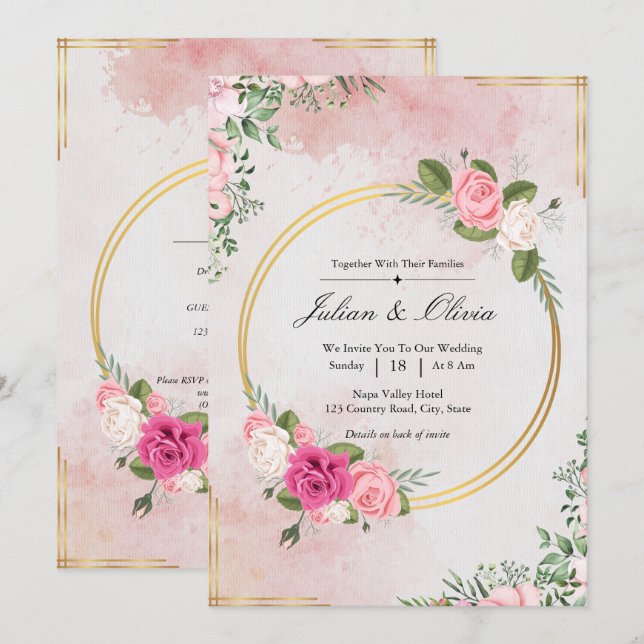 Invitación Suite de Boda de Rosa de Acuarela Rosa Rubor (Anverso / Reverso)