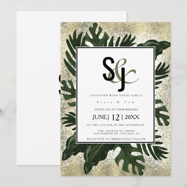 Invitación Suite de Boda Monstera Tropical Falso Salpicaduras (Anverso / Reverso)